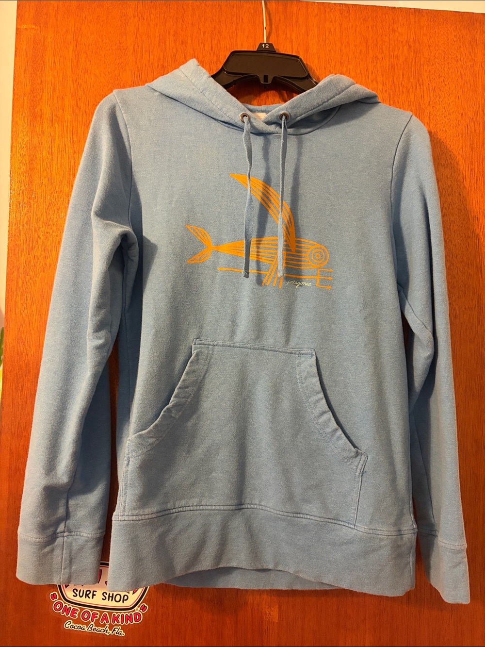 Patagonia Light Blue Hoodie with Yellow Fish Graphic